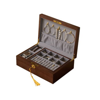 Cutie de bijuterii din lemn masiv cu lacăt, cutie de depozitare cu mai multe compartimente pentru coliere, inele și cercei