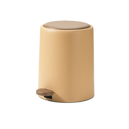 Coș de gunoi cu pedă, din plastic imitând pielea, capac, cilindric, 8 L, deschidere și închidere silențioasă, pentru dormitor.