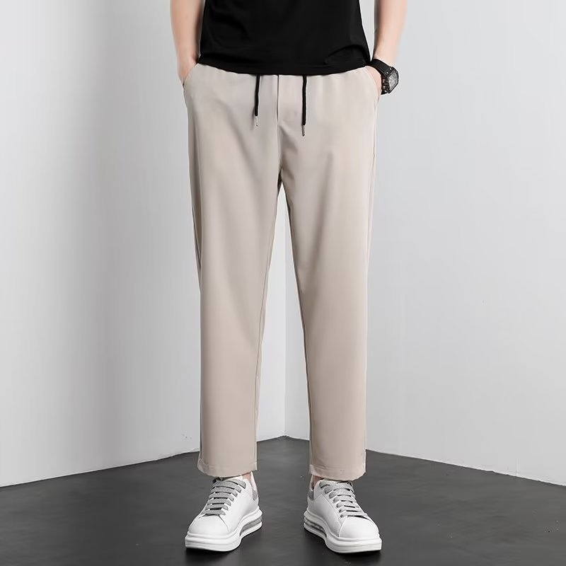 Ανδρικά καλοκαιρινά παντελόνια Ice Silk με drape, casual στυλ, ίσια ή χαλαρή γραμμή, cropped, εμπνευσμένα από κουστούμι