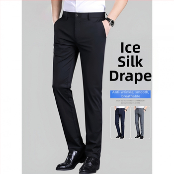 Letné voľnočasové nohavice pre mužov z ice silk tkaniny, strih slim, mikroelastické, bez pokrčenia, rovný strih