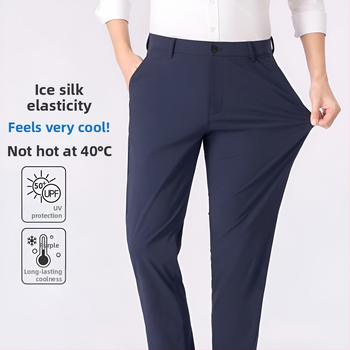 Letné voľnočasové nohavice pre mužov z ice silk tkaniny, strih slim, mikroelastické, bez pokrčenia, rovný strih