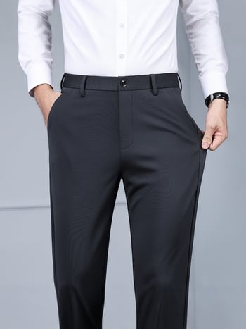 Pantaloni de afaceri pentru bărbați, fără călcare, croială dreaptă, croială slim, din material elastic, pantaloni eleganți, negri, pentru primăvară-vară.