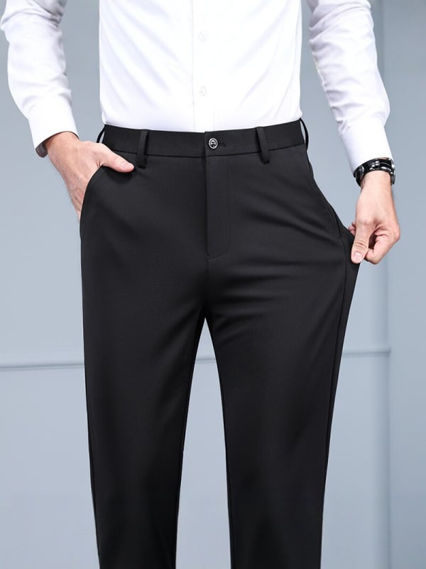 Pantaloni de afaceri pentru bărbați, fără călcare, croială dreaptă, croială slim, din material elastic, pantaloni eleganți, negri, pentru primăvară-vară.