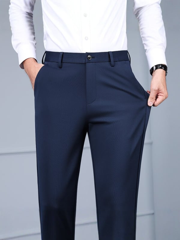 Pantaloni de afaceri pentru bărbați, fără călcare, croială dreaptă, croială slim, din material elastic, pantaloni eleganți, negri, pentru primăvară-vară.
