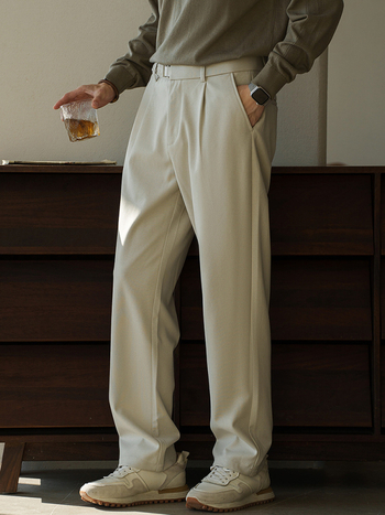 Pantaloni pentru bărbați, stil japonez, talie semi-elastică, plisate, croială dreaptă, întreținere ușoară, toamnă 2025, pantaloni casual