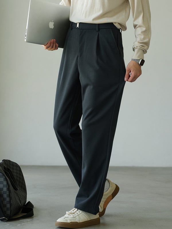 Pantaloni pentru bărbați, stil japonez, talie semi-elastică, plisate, croială dreaptă, întreținere ușoară, toamnă 2025, pantaloni casual