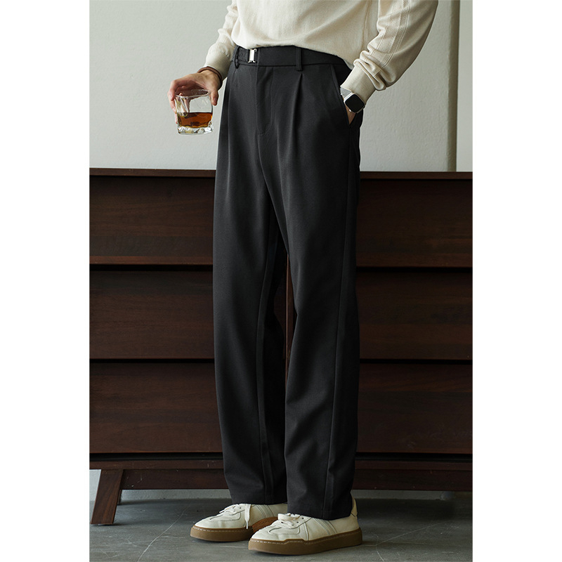 Pantaloni pentru bărbați, stil japonez, talie semi-elastică, plisate, croială dreaptă, întreținere ușoară, toamnă 2025, pantaloni casual