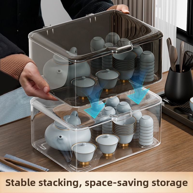 Priehľadný akrylový box na čajový servis so viečkom, prachotesný, veľká kapacita, na stolné použitie