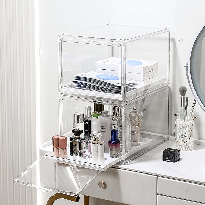Cutie de sertar pliabilă, transparentă, cu organizator pentru cosmetice și accesorii; depozitare pentru pălării; poate fi suprapusă
