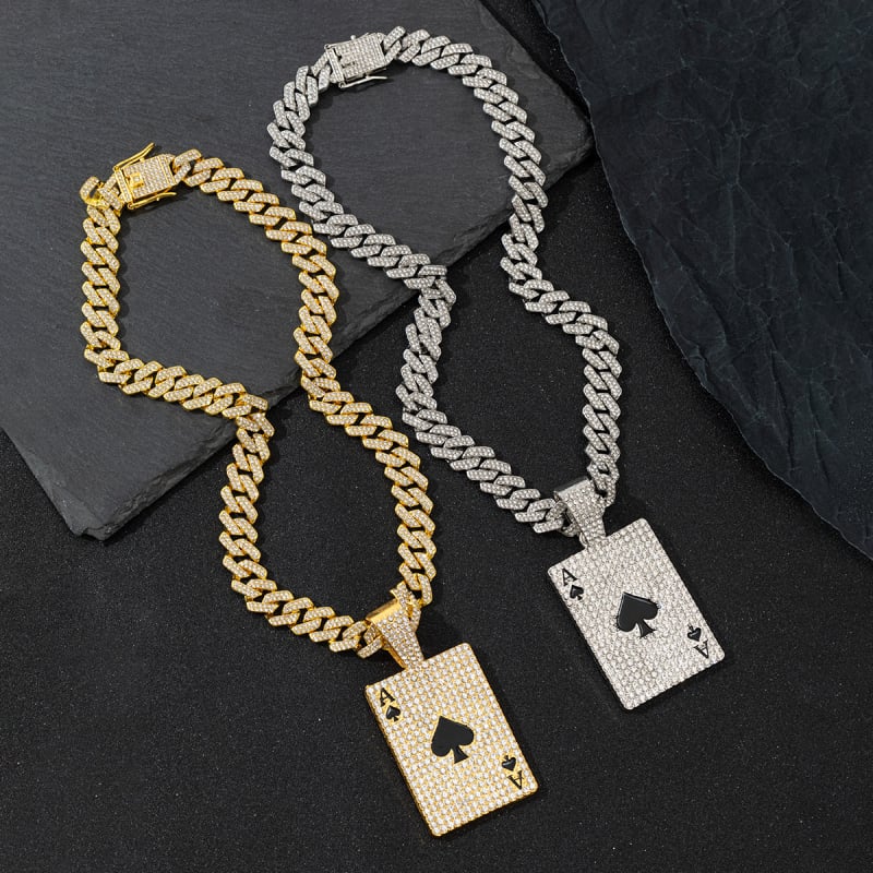 Colier Cuban placat cu aur, pandantiv Ace of Spades, diamantat, stil street hip-hop, look premium