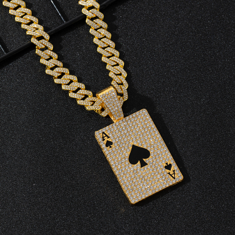 Colier Cuban placat cu aur, pandantiv Ace of Spades, diamantat, stil street hip-hop, look premium
