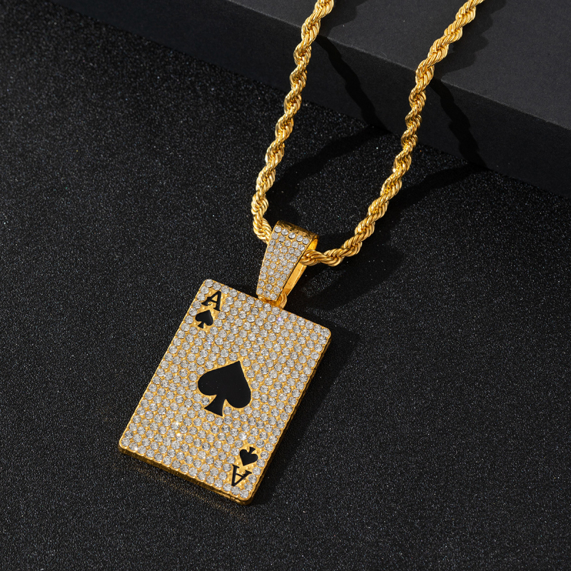 Colier Cuban placat cu aur, pandantiv Ace of Spades, diamantat, stil street hip-hop, look premium