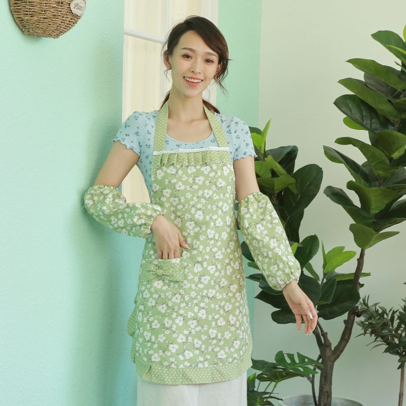 Șorț de bucătărie pentru casă, 100% bumbac, anti-murdărire și rezistent la ulei, stil coreean și japonez, cu protecții pentru mâneci, model floral