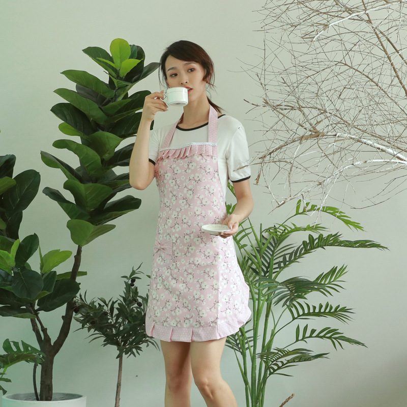 Șorț de bucătărie pentru casă, 100% bumbac, anti-murdărire și rezistent la ulei, stil coreean și japonez, cu protecții pentru mâneci, model floral