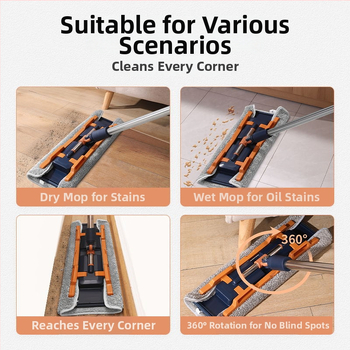 Meitianle clip-on plochý mop s textilom, teleskopický 120–140 cm, hlava 38/42 cm, mikrovlákno, domáce upratovanie