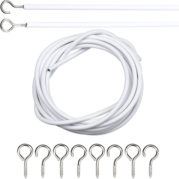 Sfoară de 2 m, 4 inele tip ochi de oaie și 4 cârlige în formă de semn de întrebare – set accesorii perdele din sfoară plastificată