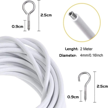 Sfoară de 2 m, 4 inele tip ochi de oaie și 4 cârlige în formă de semn de întrebare – set accesorii perdele din sfoară plastificată