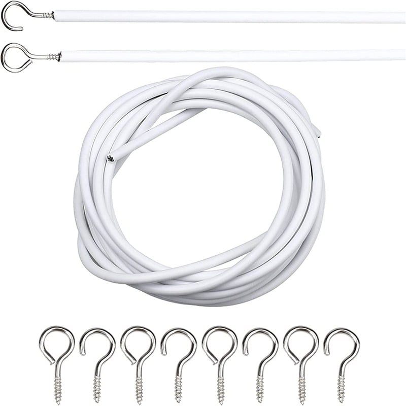 Sfoară de 2 m, 4 inele tip ochi de oaie și 4 cârlige în formă de semn de întrebare – set accesorii perdele din sfoară plastificată
