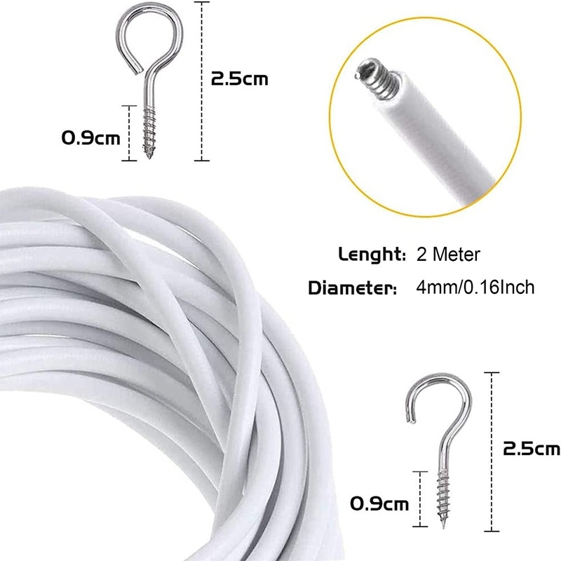 Sfoară de 2 m, 4 inele tip ochi de oaie și 4 cârlige în formă de semn de întrebare – set accesorii perdele din sfoară plastificată