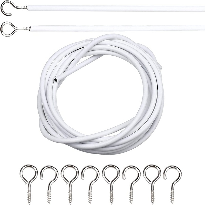 Sfoară de 2 m, 4 inele tip ochi de oaie și 4 cârlige în formă de semn de întrebare – set accesorii perdele din sfoară plastificată