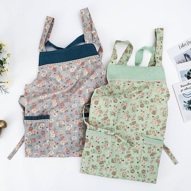 Șorț de bucătărie pentru casă, stil japonez și coreean drăguț, fără mâneci, impermeabil și rezistent la ulei, imprimeu floral, 100% bumbac, mărime universală
