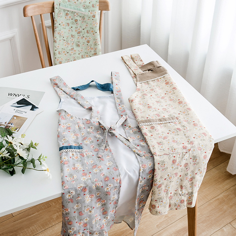 Șorț de bucătărie pentru casă, stil japonez și coreean drăguț, fără mâneci, impermeabil și rezistent la ulei, imprimeu floral, 100% bumbac, mărime universală