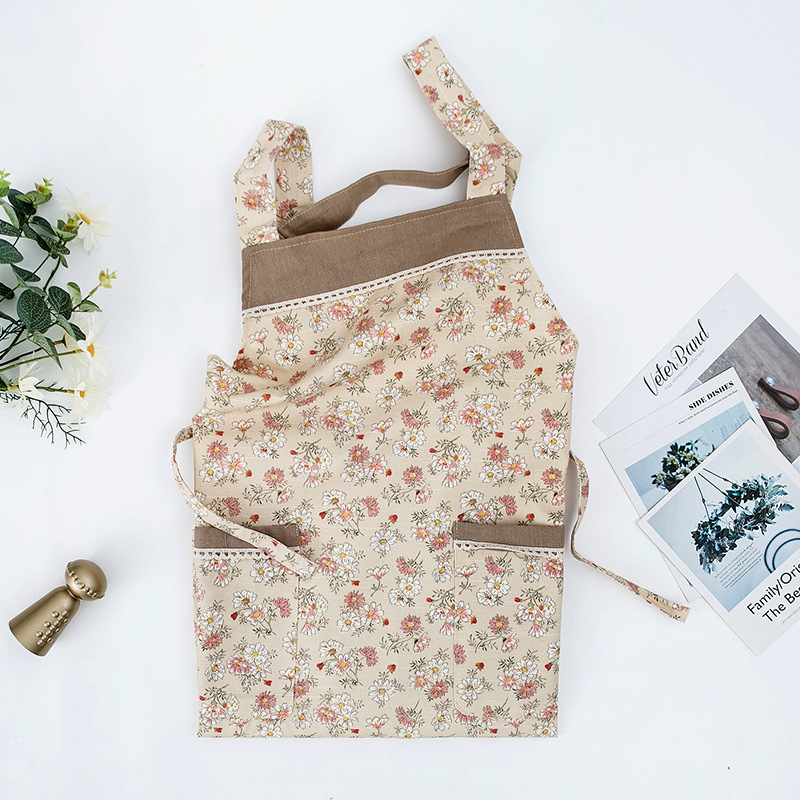 Șorț de bucătărie pentru casă, stil japonez și coreean drăguț, fără mâneci, impermeabil și rezistent la ulei, imprimeu floral, 100% bumbac, mărime universală