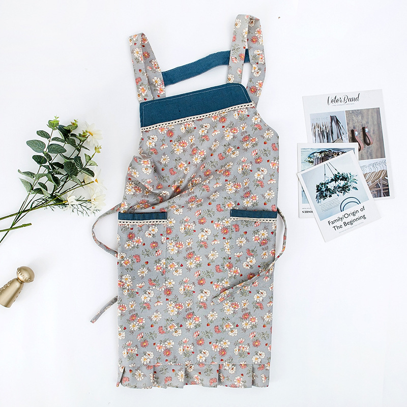 Șorț de bucătărie pentru casă, stil japonez și coreean drăguț, fără mâneci, impermeabil și rezistent la ulei, imprimeu floral, 100% bumbac, mărime universală