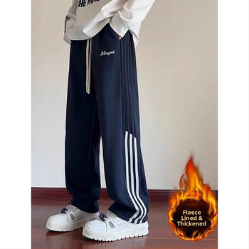 Pánske športové nohavice s fleece podšívkou, americký retro štýl, voľný strih, rovné nohavice, zimné bežné nohavice