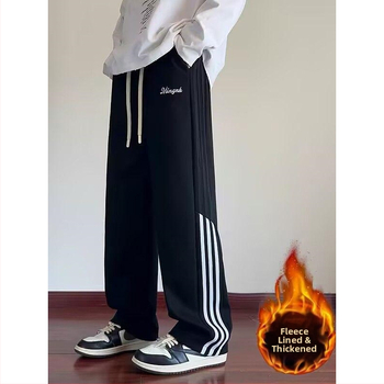 Pánske športové nohavice s fleece podšívkou, americký retro štýl, voľný strih, rovné nohavice, zimné bežné nohavice