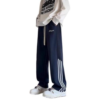 Pantaloni sport pentru bărbați, căptuți cu fleece, patchwork retro american, croială lejeră, drepti cu drapaj, pantaloni casual de iarnă