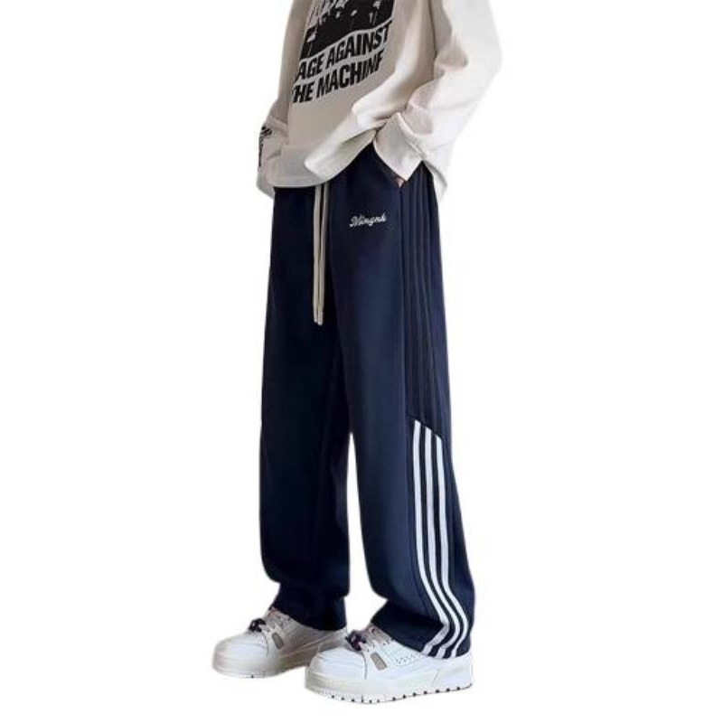 Pantaloni sport pentru bărbați, căptuți cu fleece, patchwork retro american, croială lejeră, drepti cu drapaj, pantaloni casual de iarnă