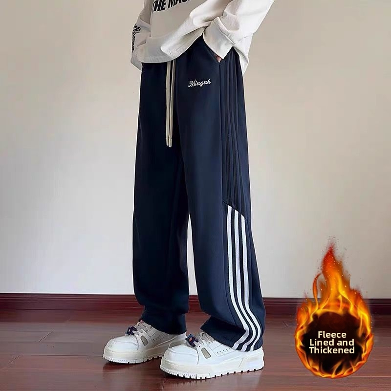 Pánske športové nohavice s fleece podšívkou, americký retro štýl, voľný strih, rovné nohavice, zimné bežné nohavice