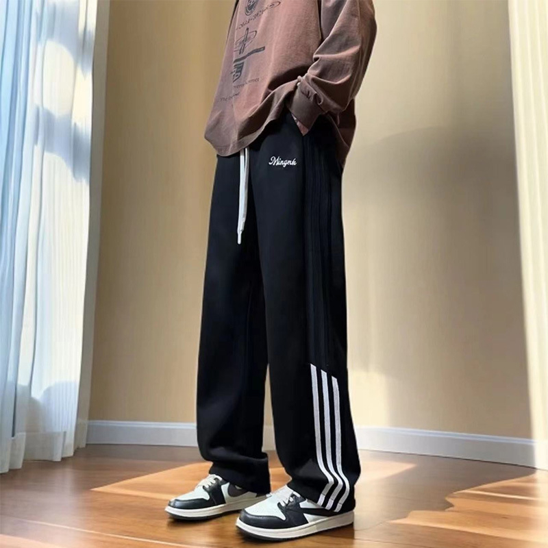 Pantaloni sport pentru bărbați, căptuți cu fleece, patchwork retro american, croială lejeră, drepti cu drapaj, pantaloni casual de iarnă