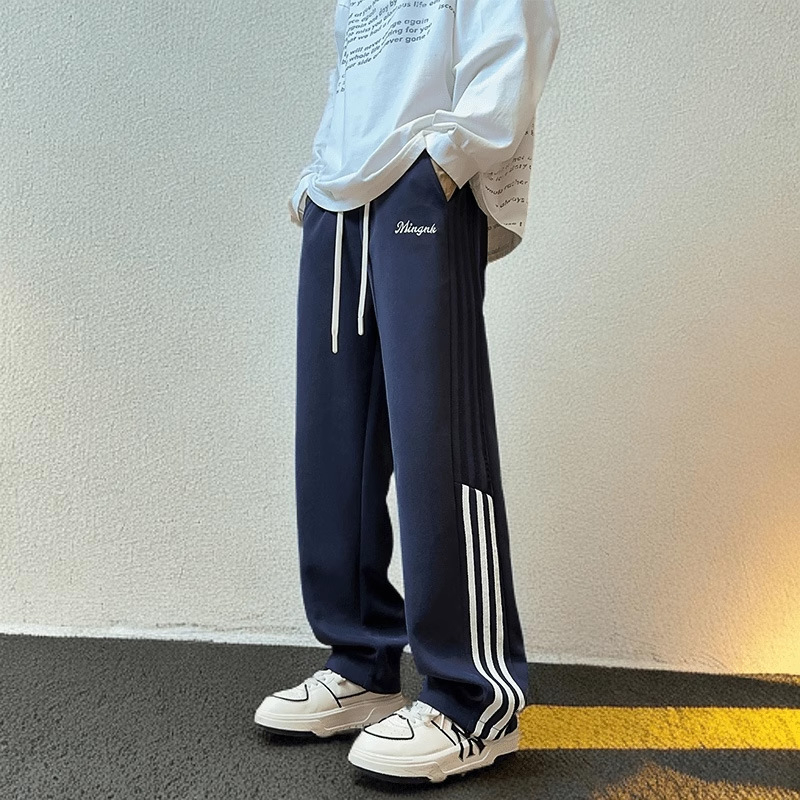 Pantaloni sport pentru bărbați, căptuți cu fleece, patchwork retro american, croială lejeră, drepti cu drapaj, pantaloni casual de iarnă
