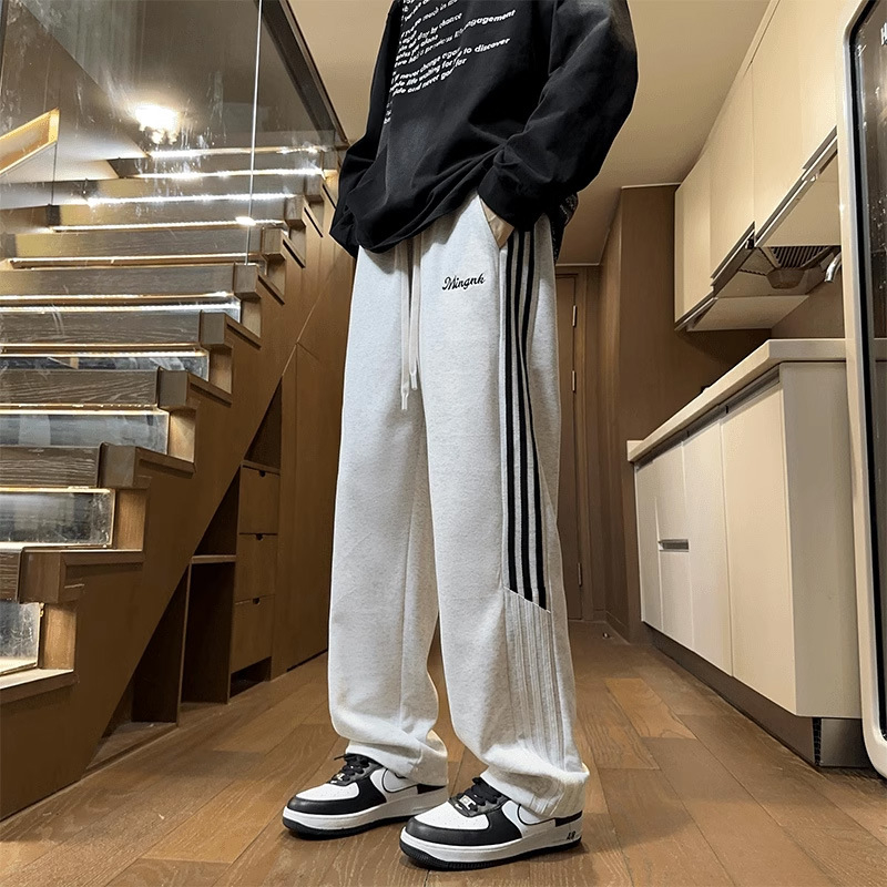 Pantaloni sport pentru bărbați, căptuți cu fleece, patchwork retro american, croială lejeră, drepti cu drapaj, pantaloni casual de iarnă