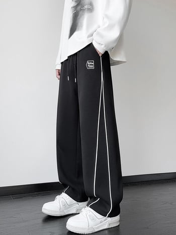 Pantaloni sport casual pentru băieți tineri, primăvară-toamnă, croială largă, drepti, talie medie-înaltă, închidere cu șiret, imprimeu text