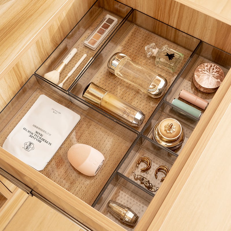 Organizator de sertar din plastic transparent cu compartimente pentru bucătărie, veselă și cosmetică