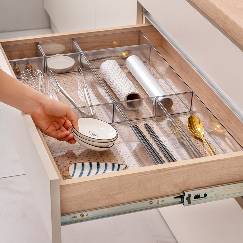 Organizator de sertar din plastic transparent cu compartimente pentru bucătărie, veselă și cosmetică