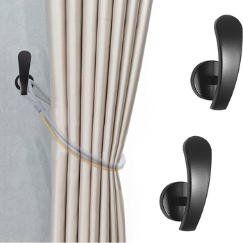 Cârlige pentru perdea, în formă de virgulă, negre, set de 2, suport din aliaj de aluminiu