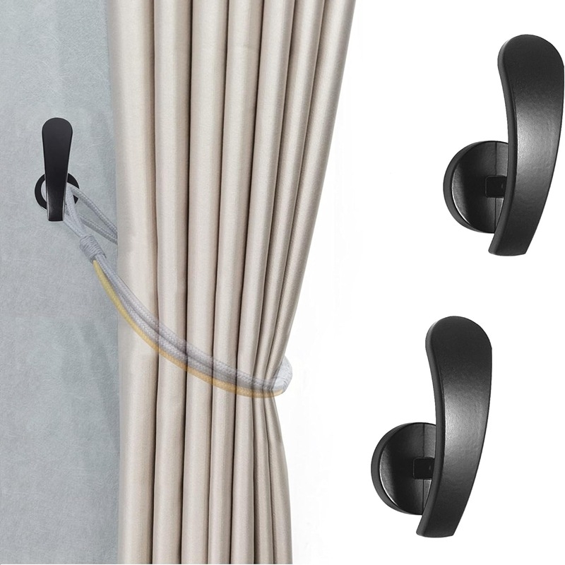 Cârlige pentru perdea, în formă de virgulă, negre, set de 2, suport din aliaj de aluminiu