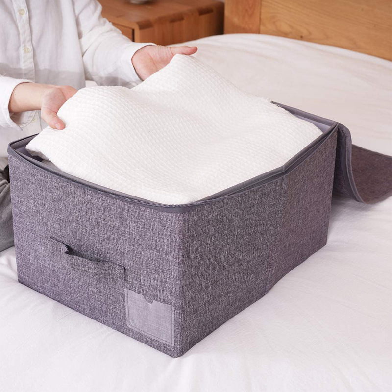 Cutie de depozitare pliabilă din material imitat de in, cu husă moale și fermoar, 35 L, dimensiuni 45x35x25 cm