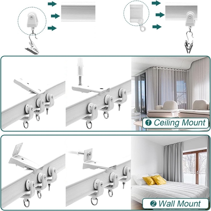 Set de cleme pentru șină din oțel alb, cu cârlige și role pentru montaj