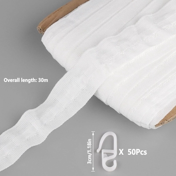 Set 30 m bandă din țesătură cu 50 de cârlige, cârlige pentru bandă elastică de 1 inch, accesorii pentru perdea cu rolă ghidaj