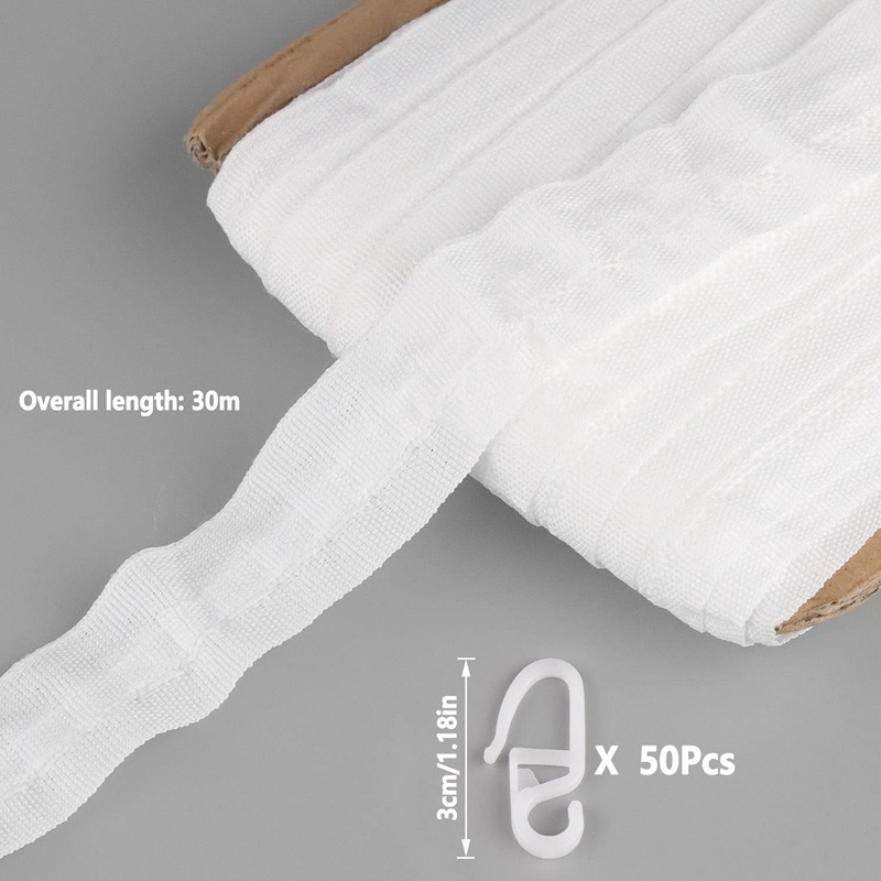 Set 30 m bandă din țesătură cu 50 de cârlige, cârlige pentru bandă elastică de 1 inch, accesorii pentru perdea cu rolă ghidaj