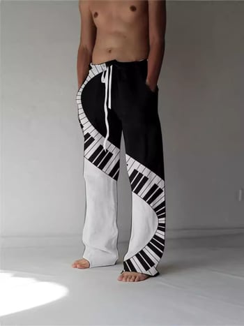 Pantaloni casual bărbați, talie înaltă, croială lejeră, drept, imprimeu desenat manual, poliester, vară 2024