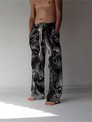 Pantaloni casual bărbați, talie înaltă, croială lejeră, drept, imprimeu desenat manual, poliester, vară 2024