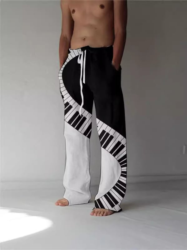 Pantaloni casual bărbați, talie înaltă, croială lejeră, drept, imprimeu desenat manual, poliester, vară 2024