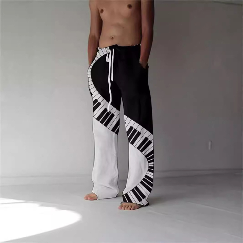 Pantaloni casual bărbați, talie înaltă, croială lejeră, drept, imprimeu desenat manual, poliester, vară 2024