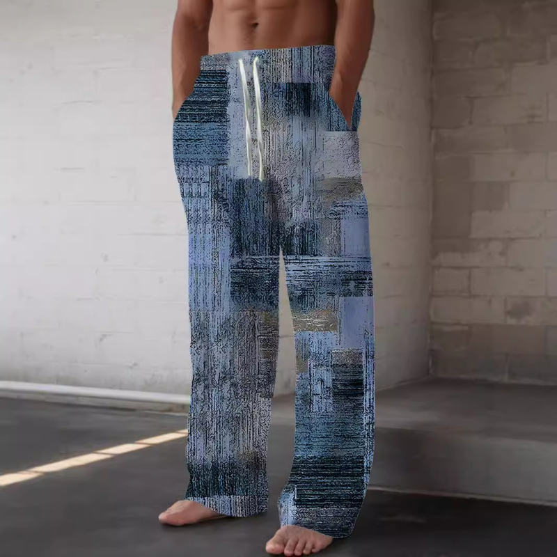 Pantaloni casual bărbați, talie înaltă, croială lejeră, drept, imprimeu desenat manual, poliester, vară 2024